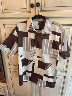 PRONTO Men's Brown & Cream Geometric Short-Sleeve Button-Up Shirt